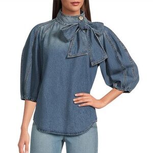 A Loves A Sky Blue Denim Blue Women's Top with Bow Detail